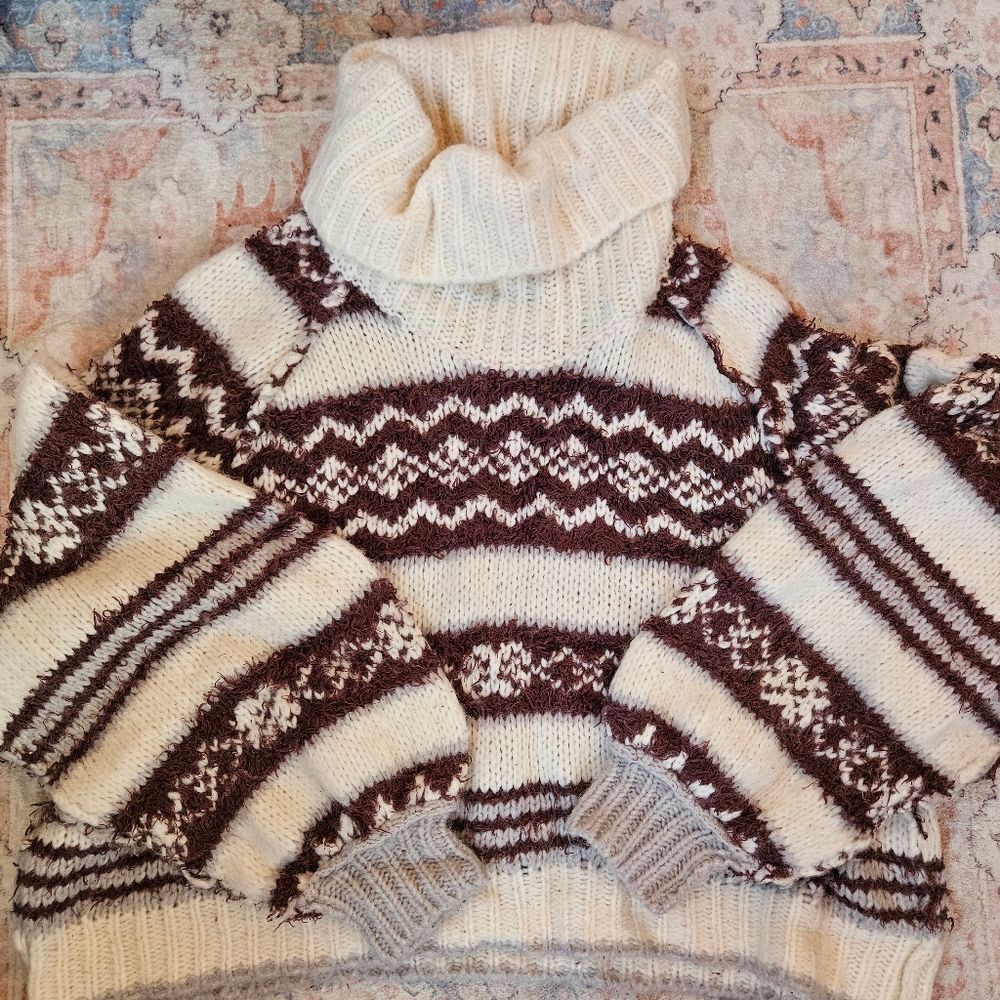 Free People Cream and Brown Patterned Sweater